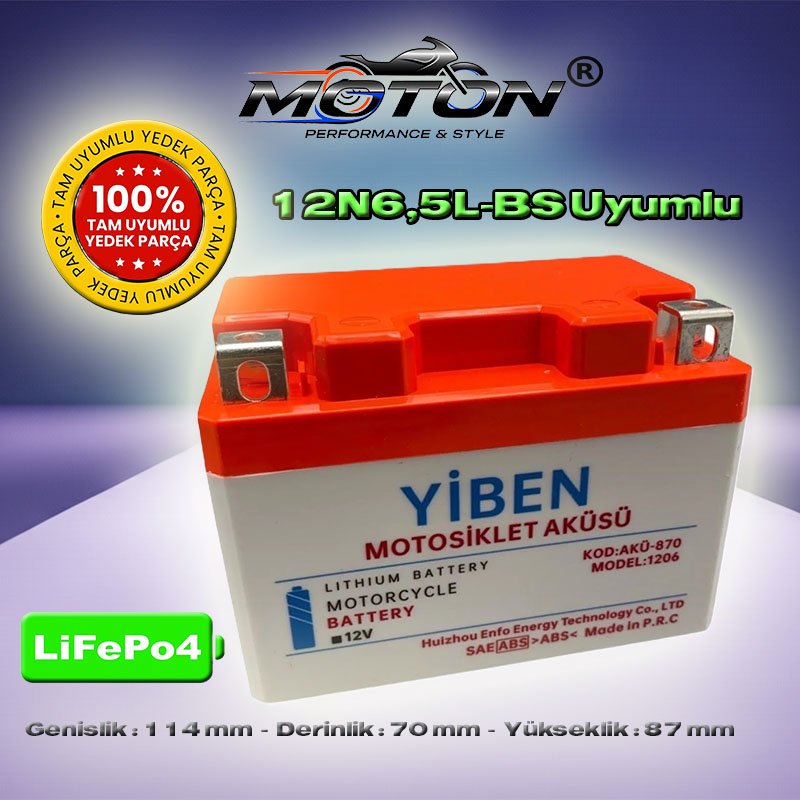12N6,5L-BS Uyumlu LiFePO4 Lityum Motosiklet Aküsü (220 CCA Marş Gücü / Hafif Tasarım)